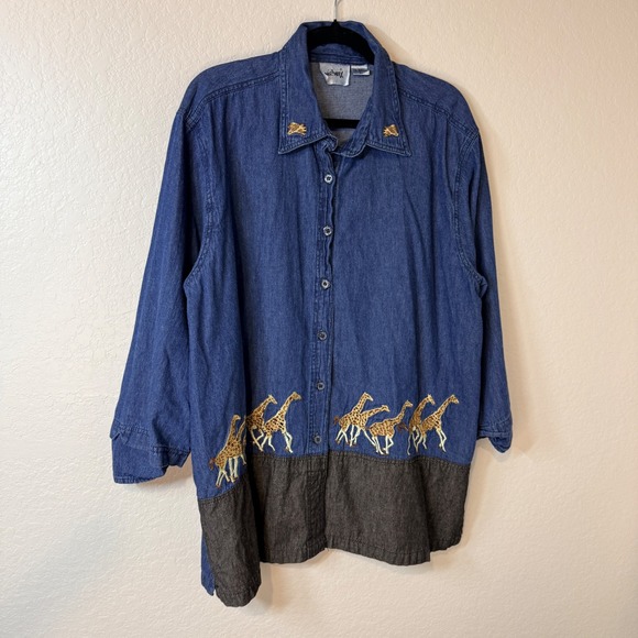 Mir‎ Max Womens 2X Denim Giraffe Shirt Boho Western Artsy Embroidery Lagenlook - Picture 2 of 6